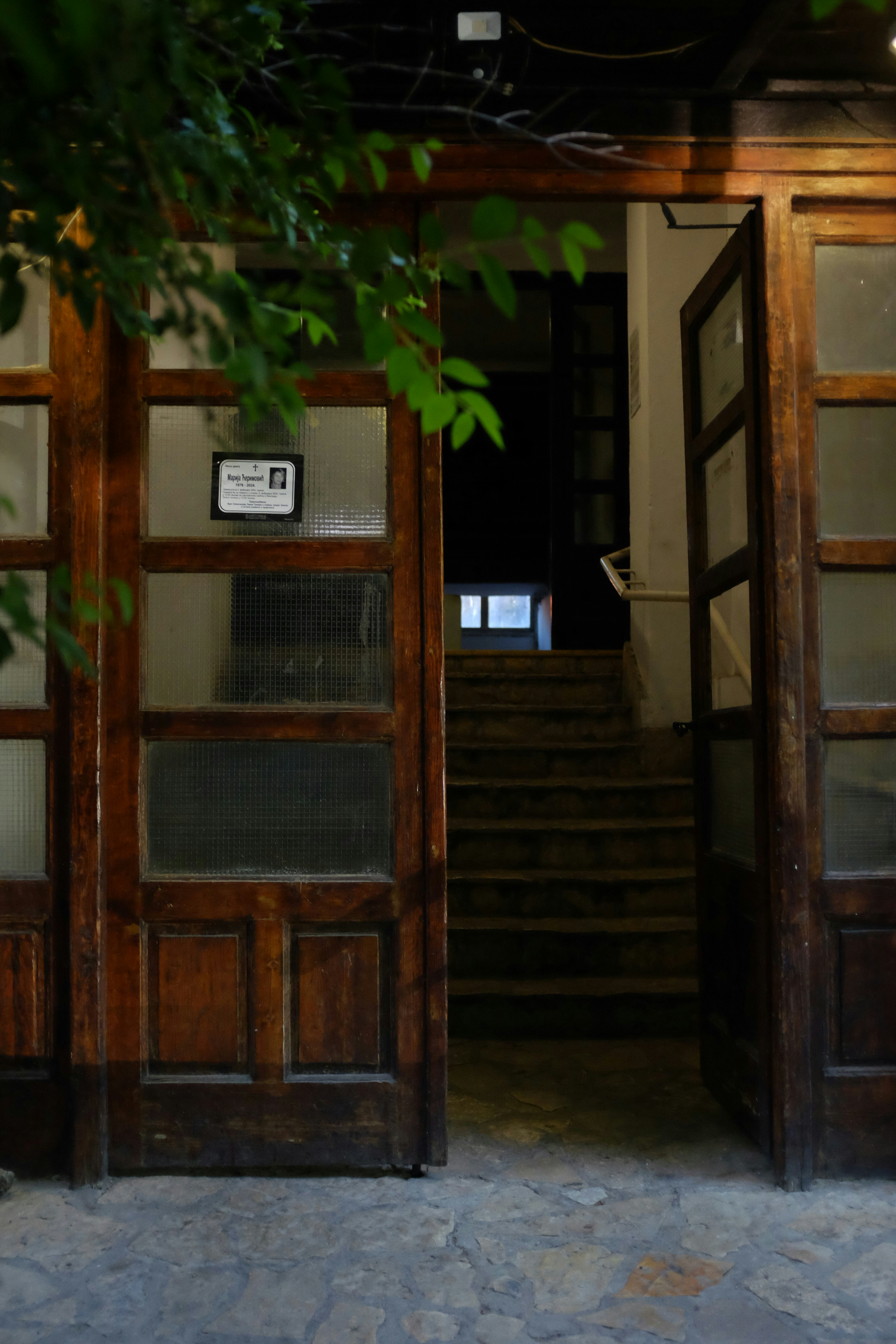 An open door to a building with a tree in front of it