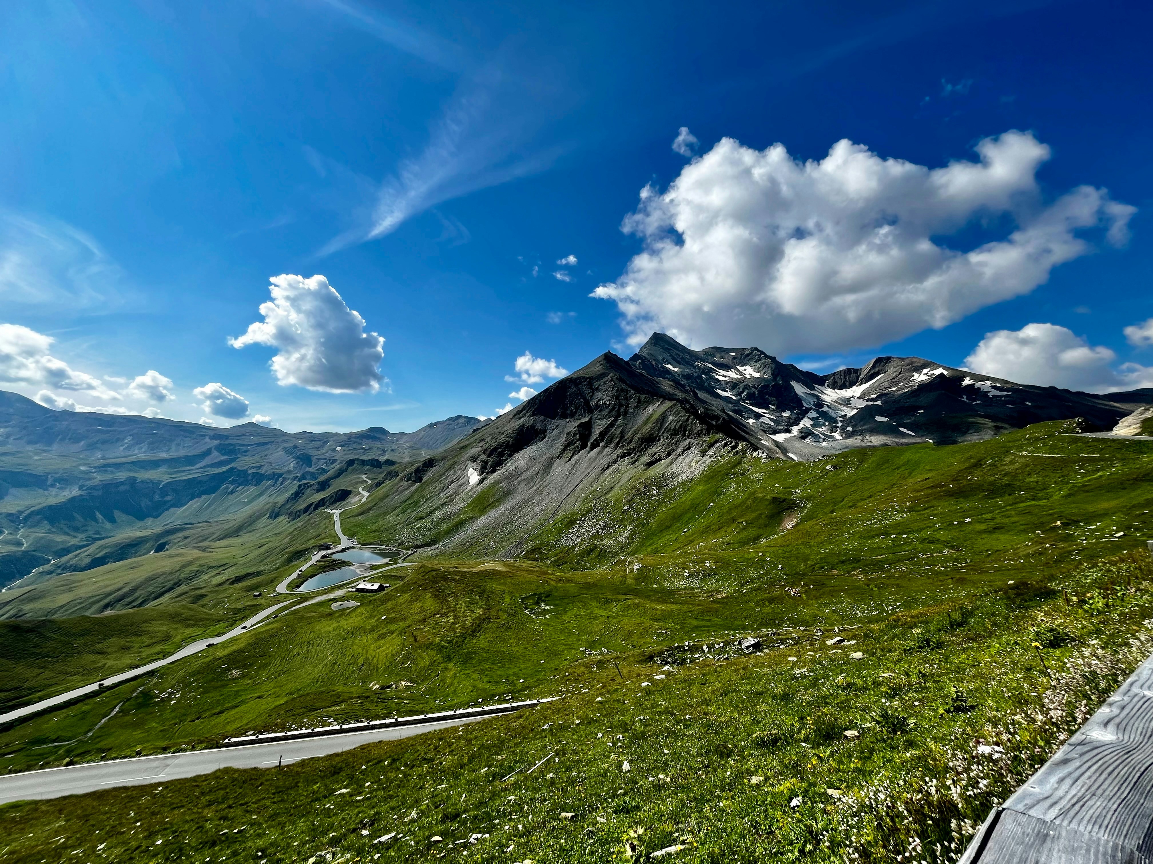 A wooden bench sitting on top of a lush green hillside