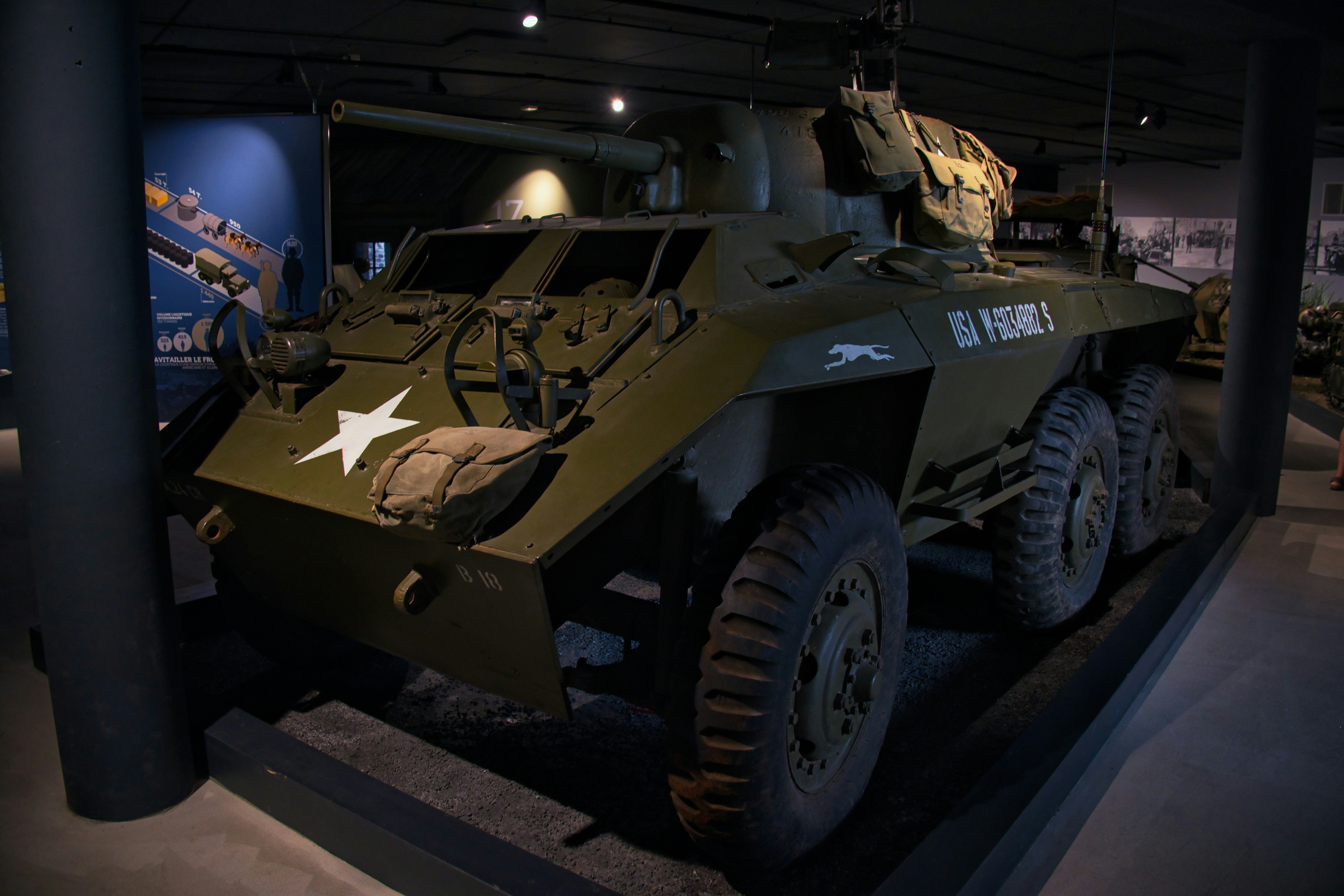 A military vehicle on display in a museum