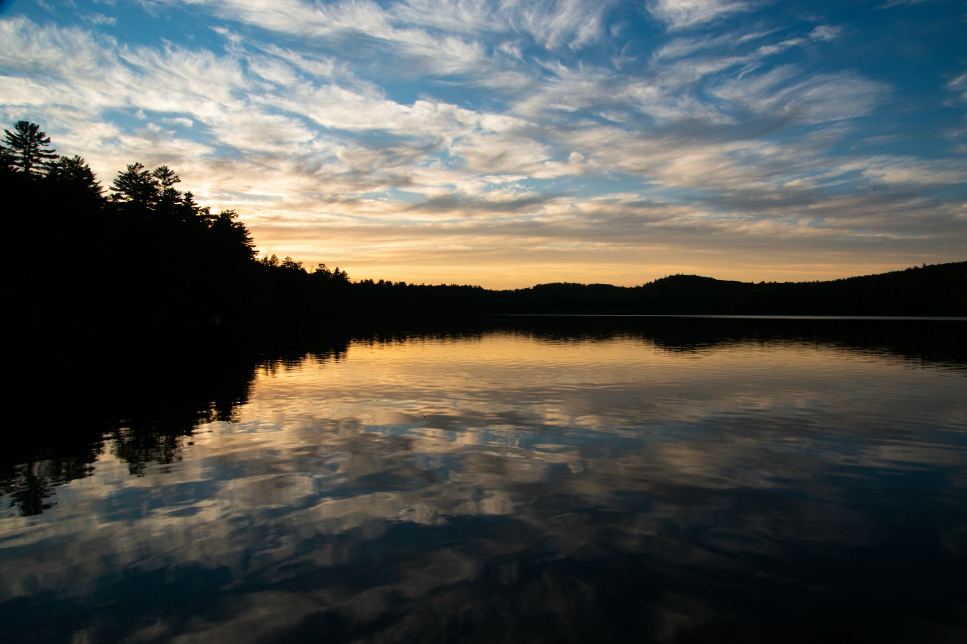 A body of water surrounded by trees and clouds