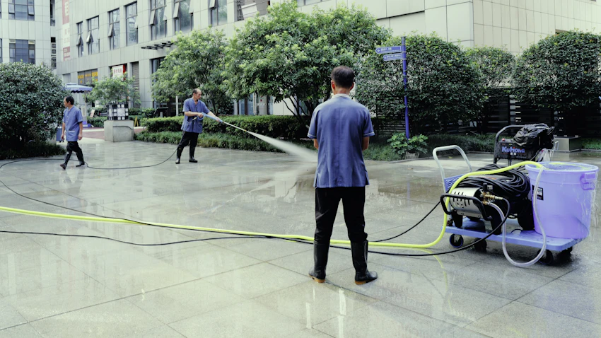Person using a pressure washer outdoors, illustrative stock photo