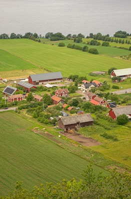 An aerial view of a farm with a body of water in the background