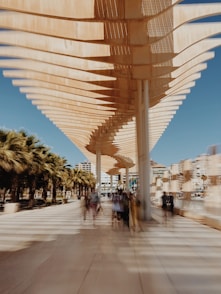A group of people walking down a sidewalk next to palm trees