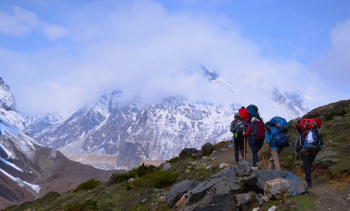 A group of people hiking up