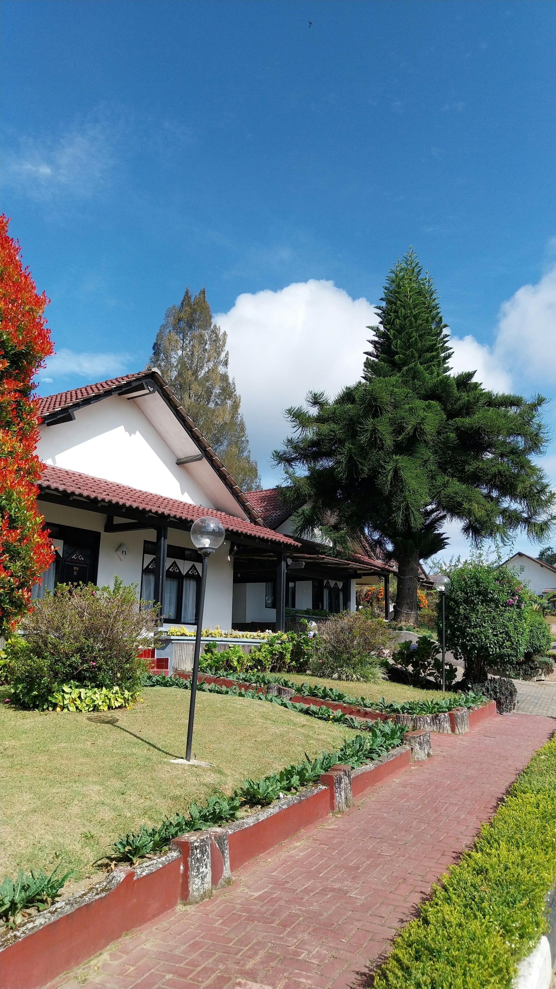 A white house with a red roof and a red brick walkway