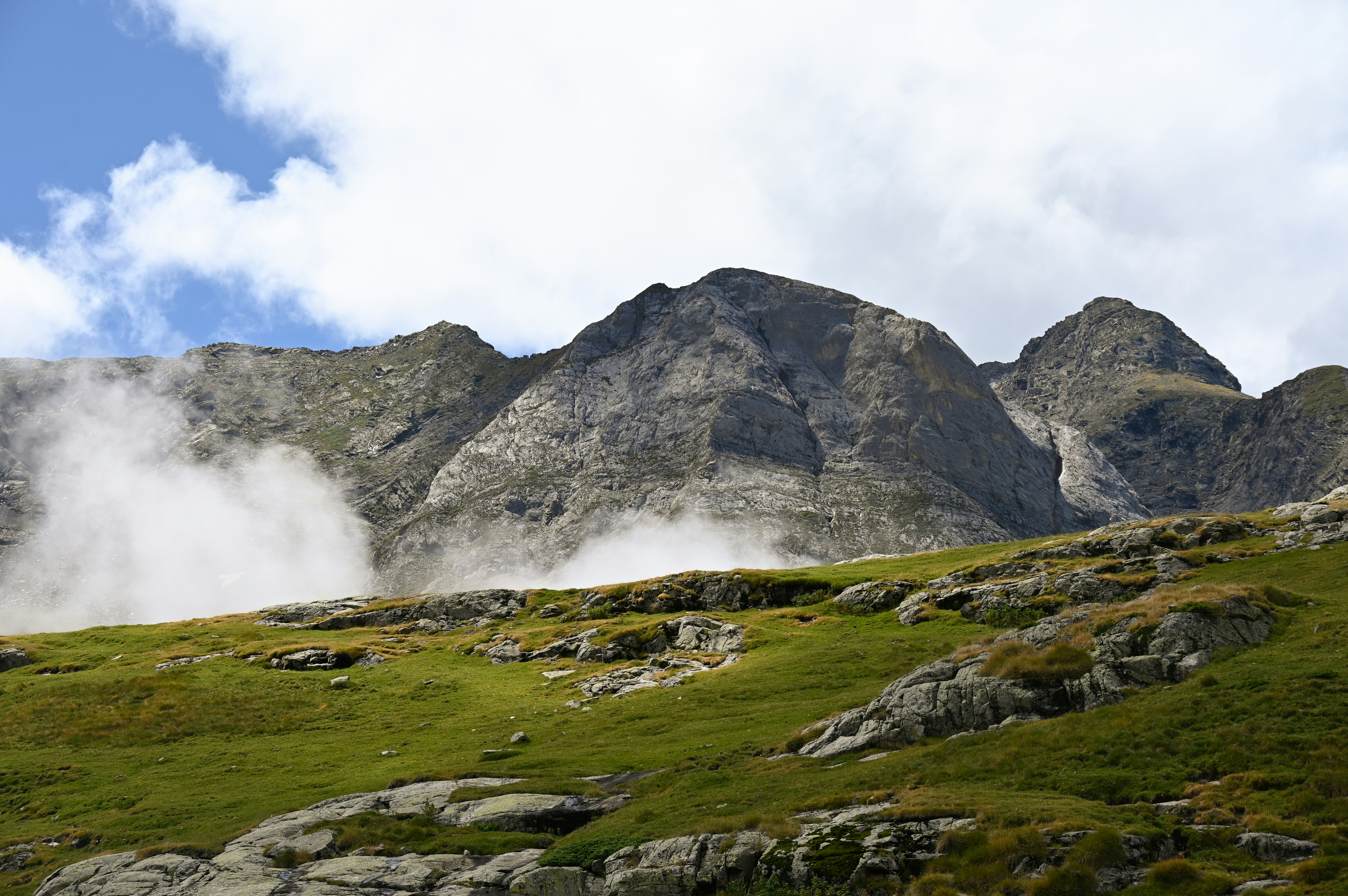 A grassy field with a mountain in the background