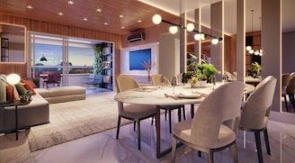 A dining room with a table and chairs