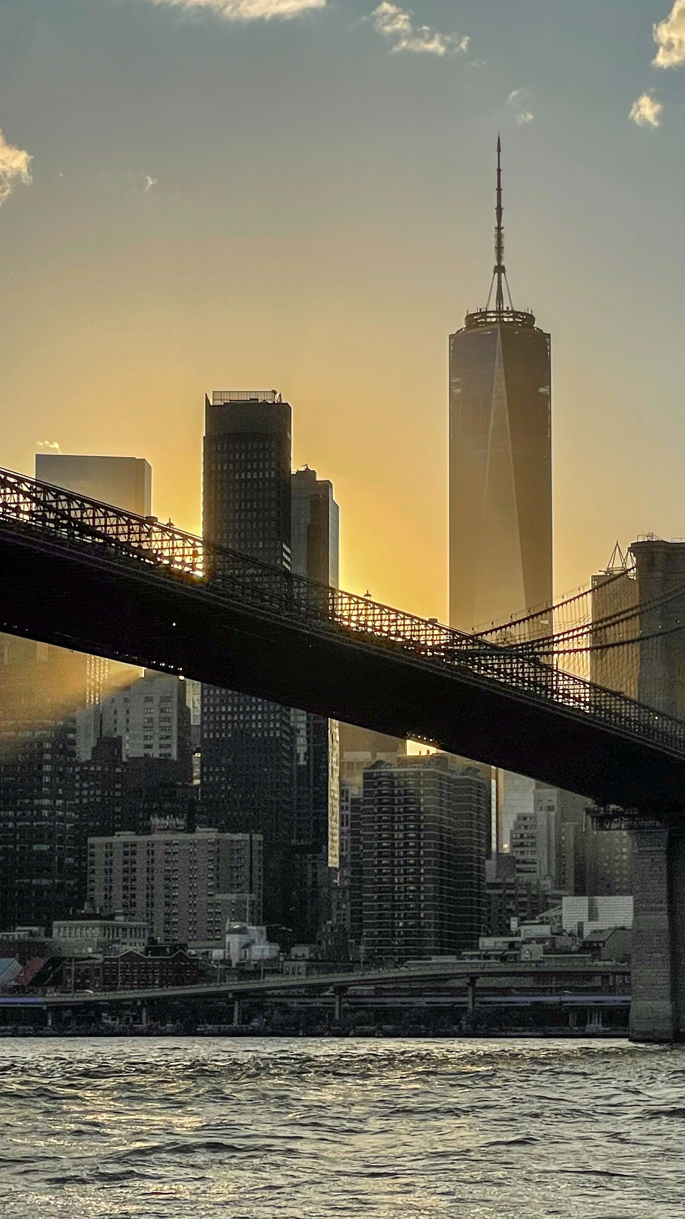 A bridge over a body of water with a city in the background