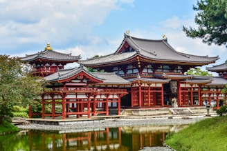 A large building sitting next to a body of water