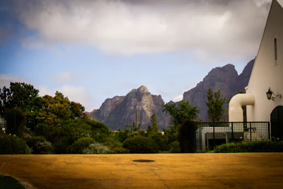 A church with mountains behind