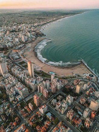 An aerial view of a city next to the ocean