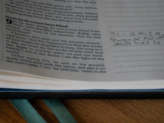 A close up of an open book on a table