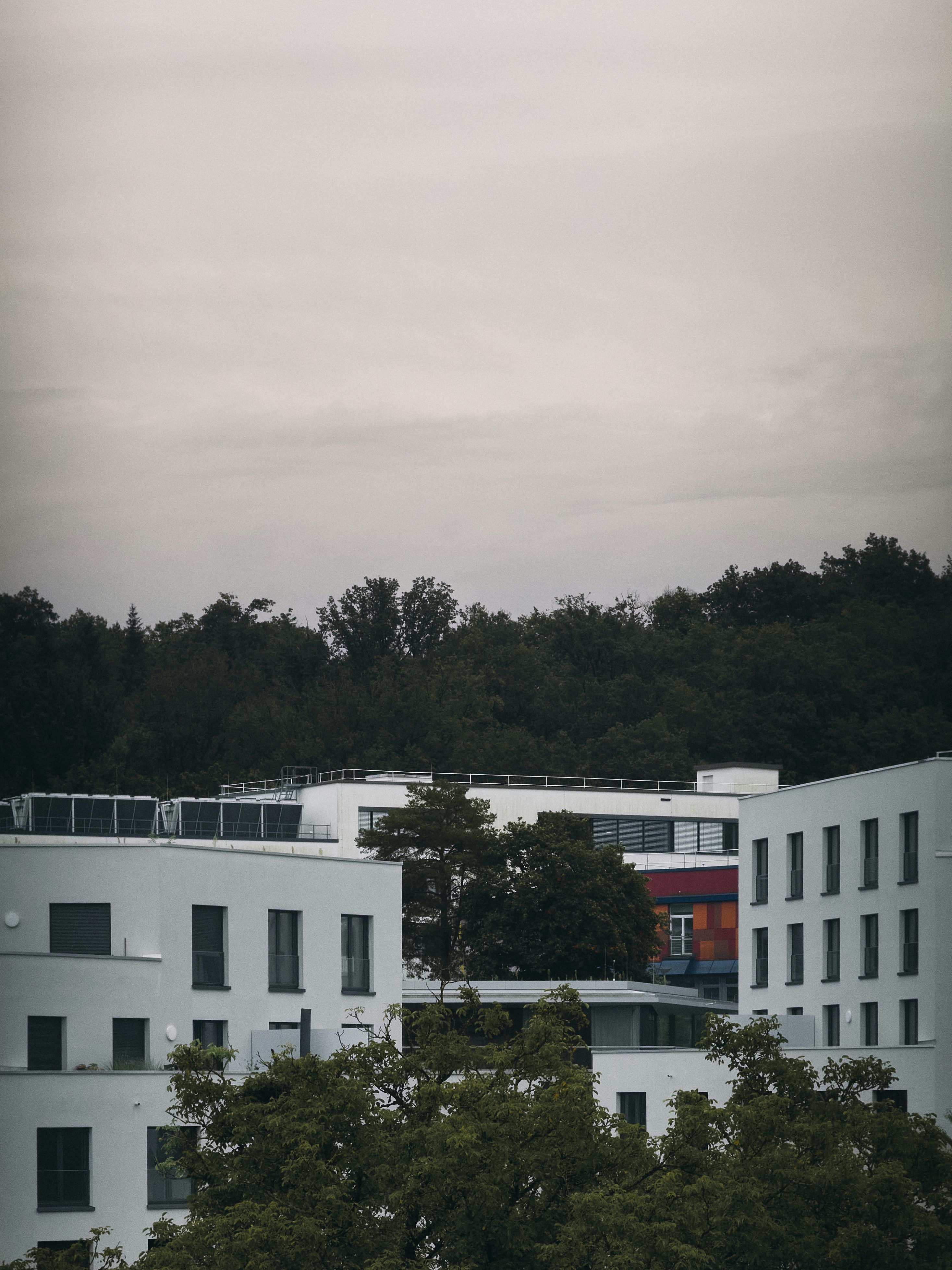 Um prédio branco com árvores na frente dele