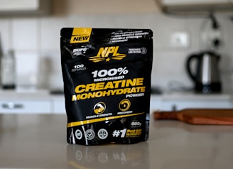 A bag of creatine monohydrate sitting on a counter
