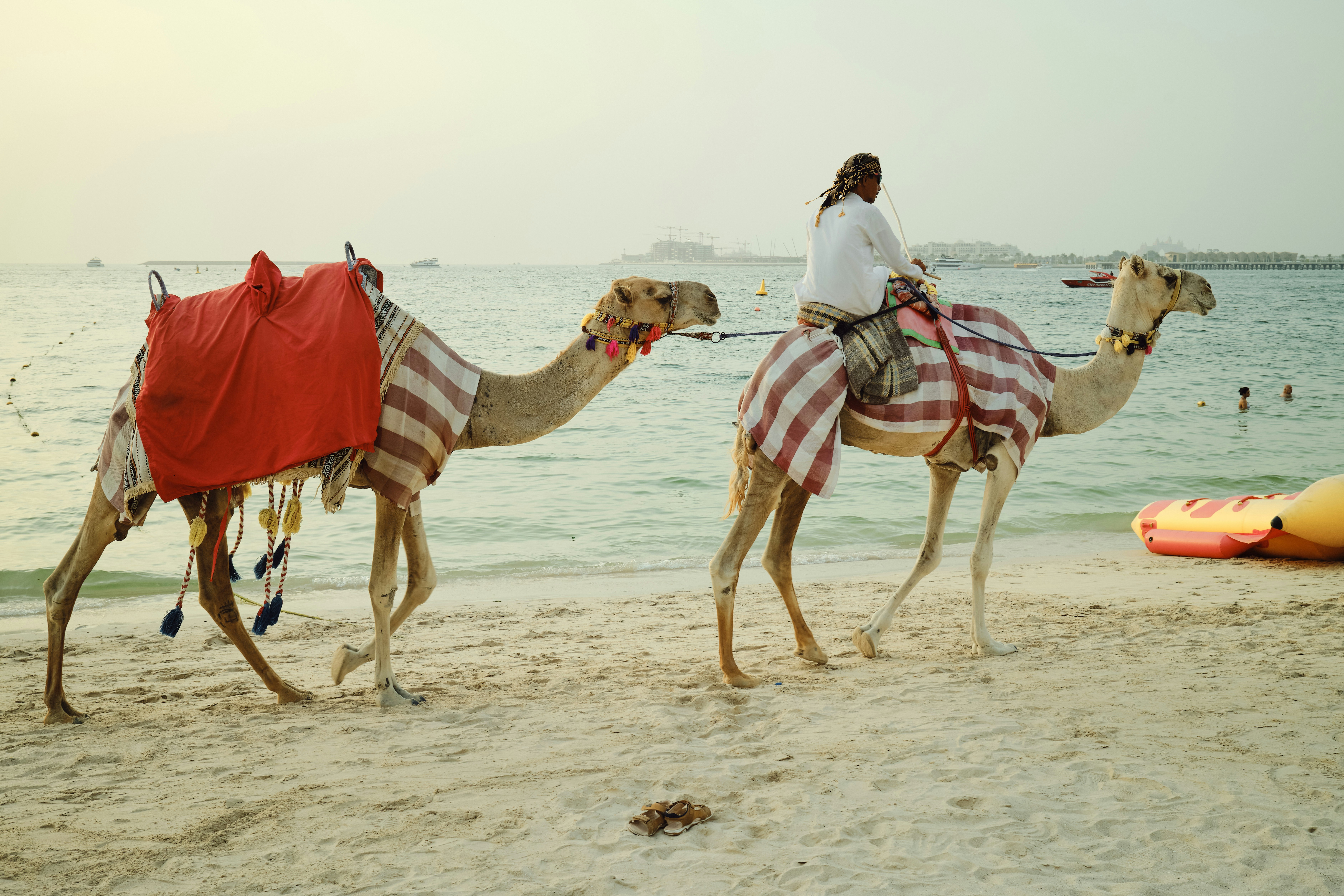 A woman riding a camel on top of a sandy beach