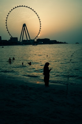 A person standing on a beach with a ferris wheel in the background