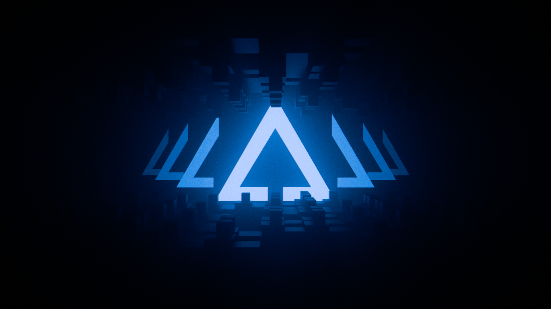 A blue triangle in the middle of a dark room