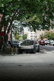 A car parked on the side of a street next to a tree