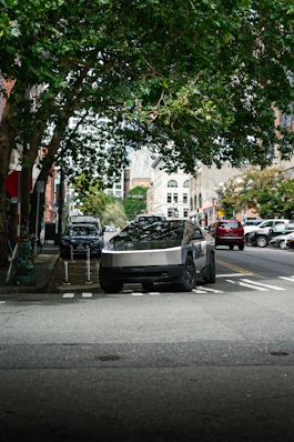 A car parked on the side of a street next to a tree