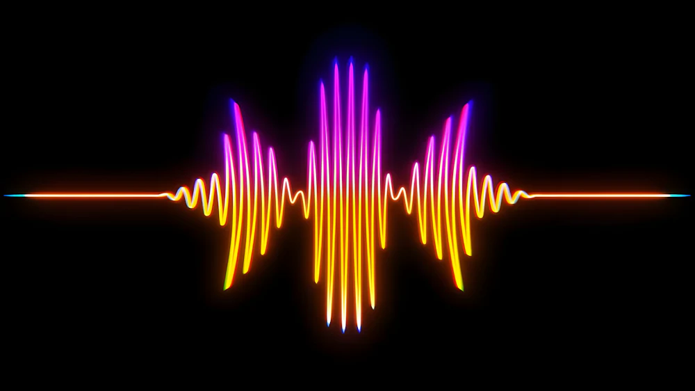 Ondas de sonido abstractas en tonos rosa, naranja, morado y amarillo