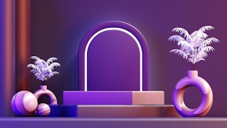 A purple room with two vases and a mirror