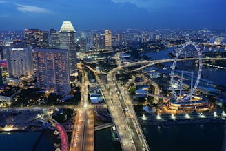 An aerial view of a city at night