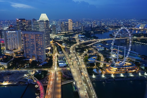 An aerial view of a city at night