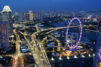 An aerial view of a city at night