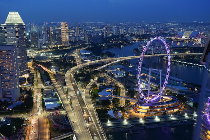 An aerial view of a city at night