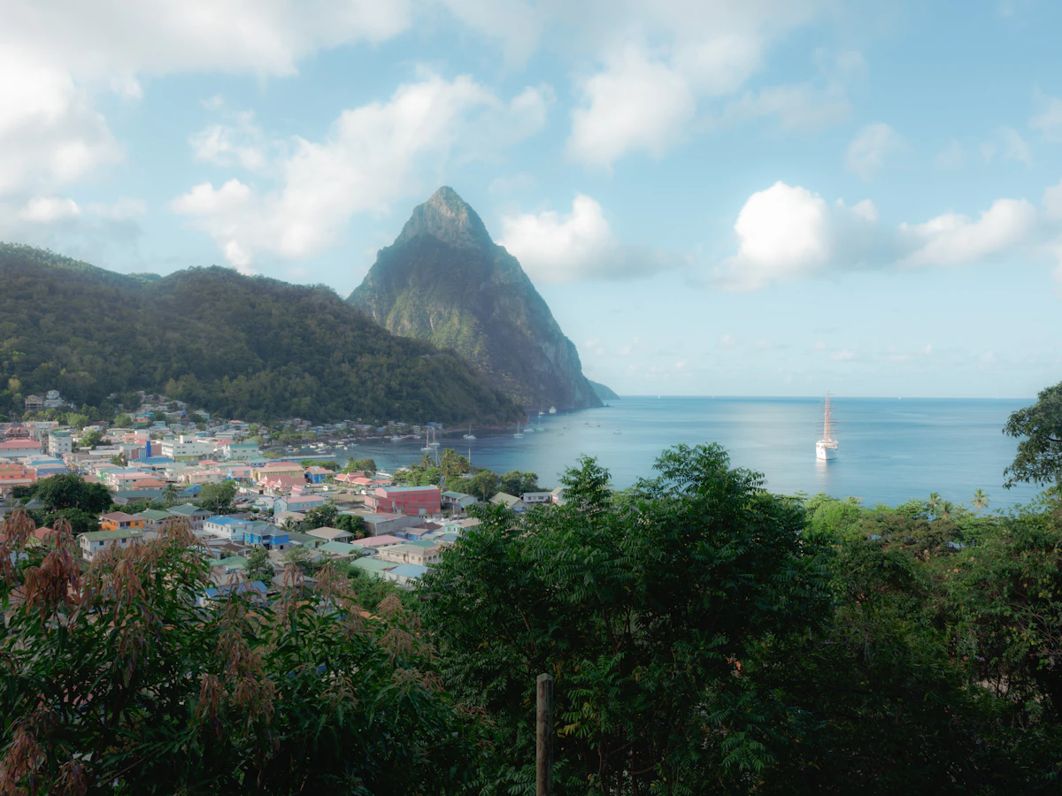 Soufrière Bay and the Pitons on Saint Lucia, one of the Caribbean calls