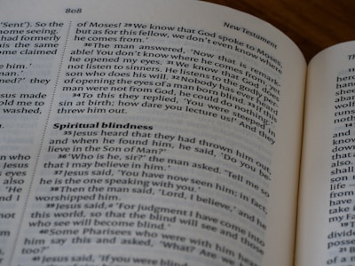 A close up of an open book on a table