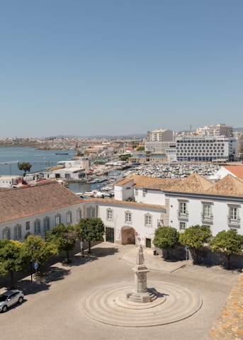 An aerial view of a city with a fountain