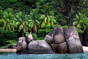 A group of large rocks sitting on top of a beach