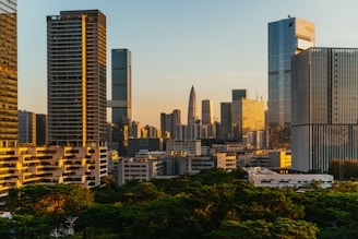 A view of a city with tall buildings