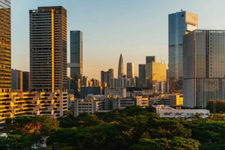 A view of a city with tall buildings