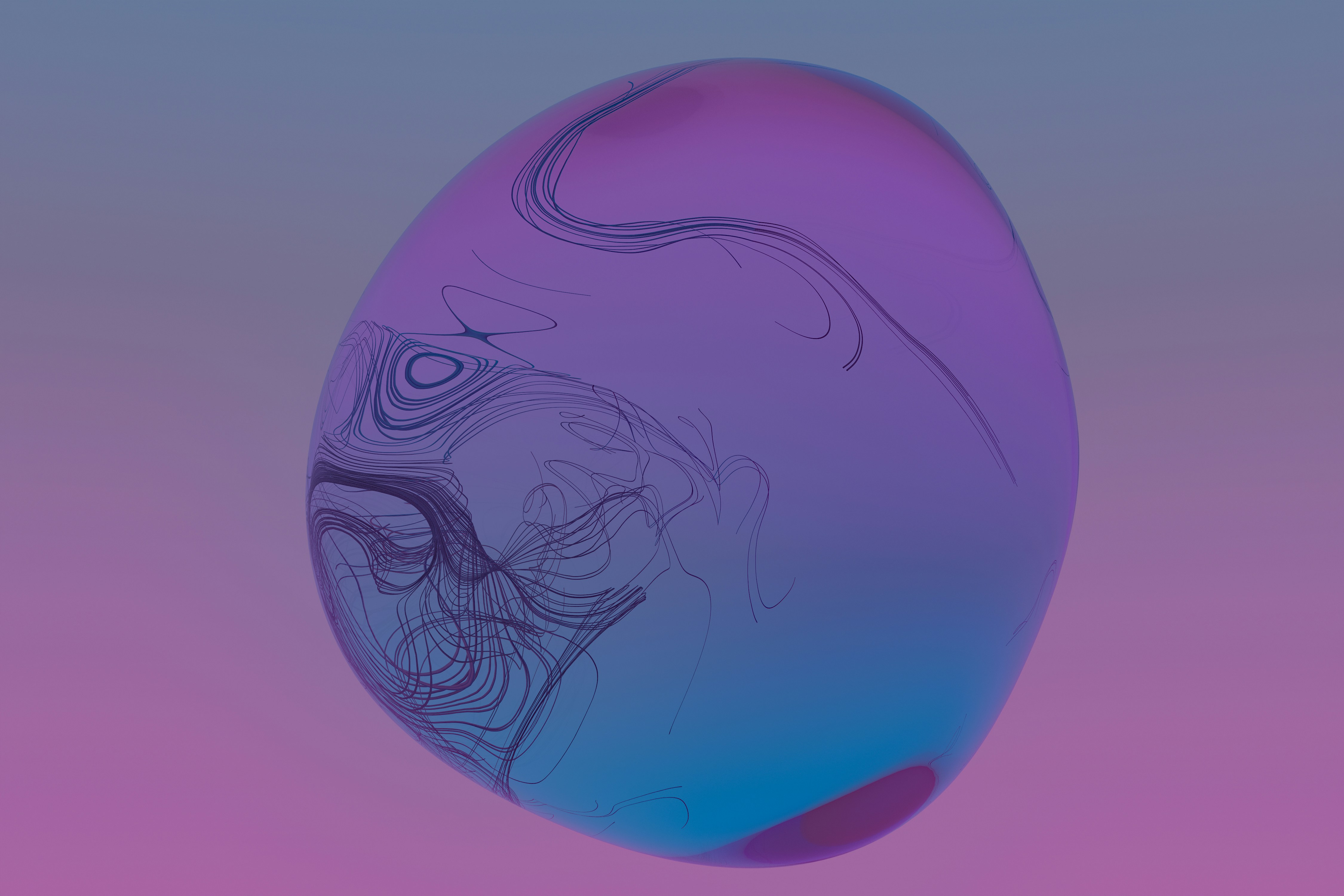 A purple and blue egg on a pink and blue background