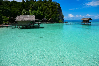 A tropical beach with a hut in the water