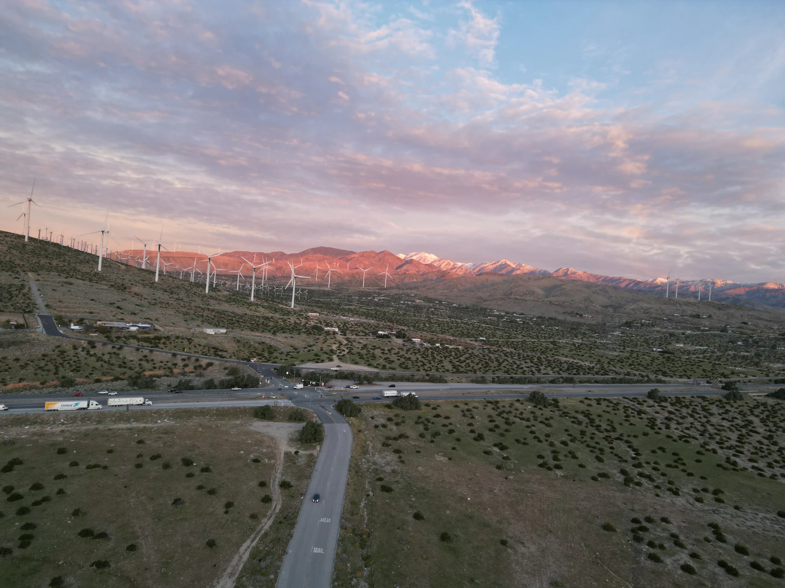 Windmills and desert road near Palm Springs