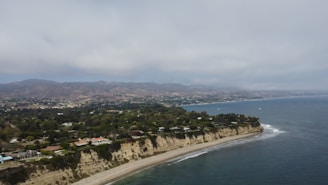 An aerial view of a beach and ocean