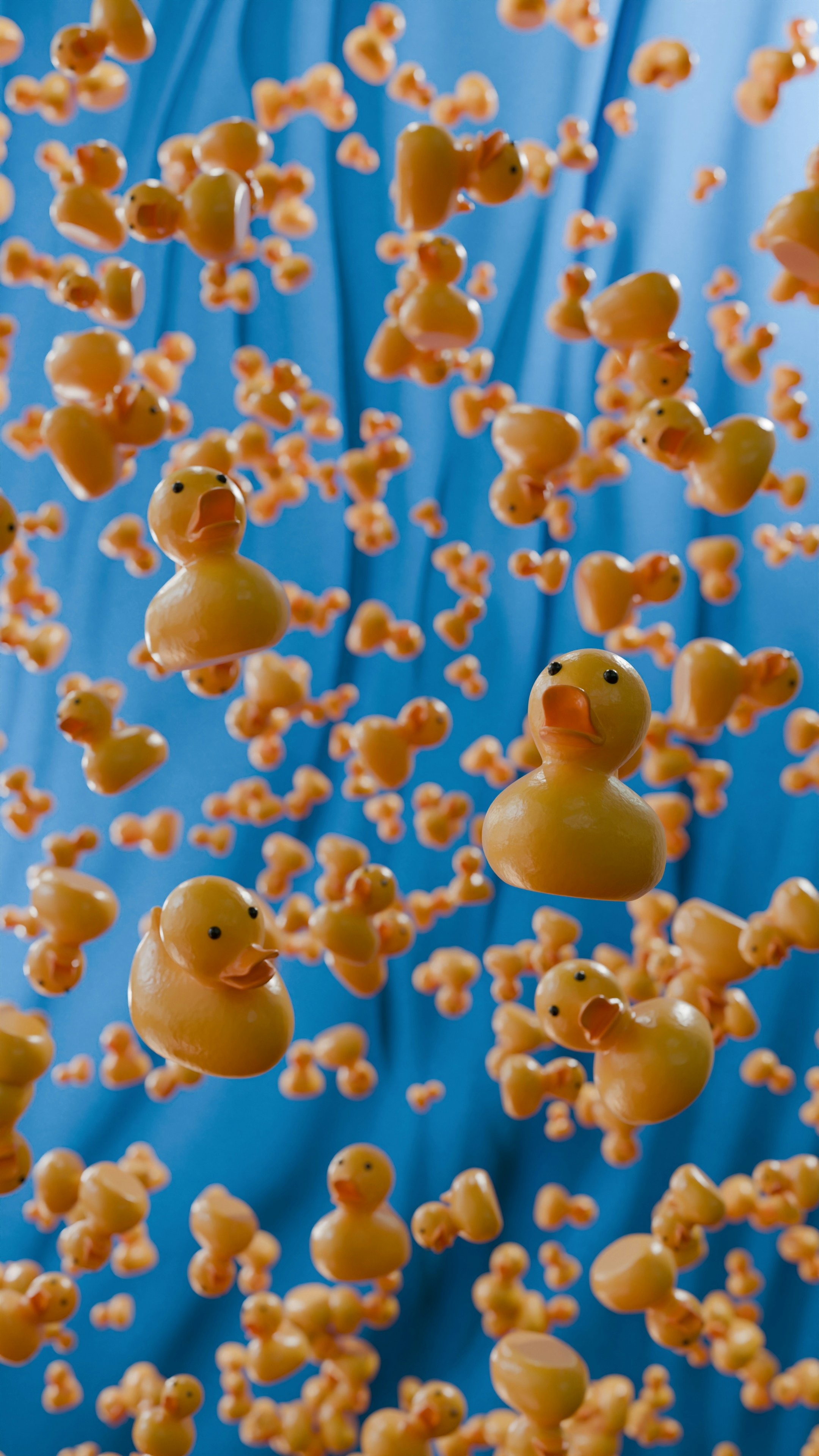 空中に浮かぶゴム製のアヒルの束