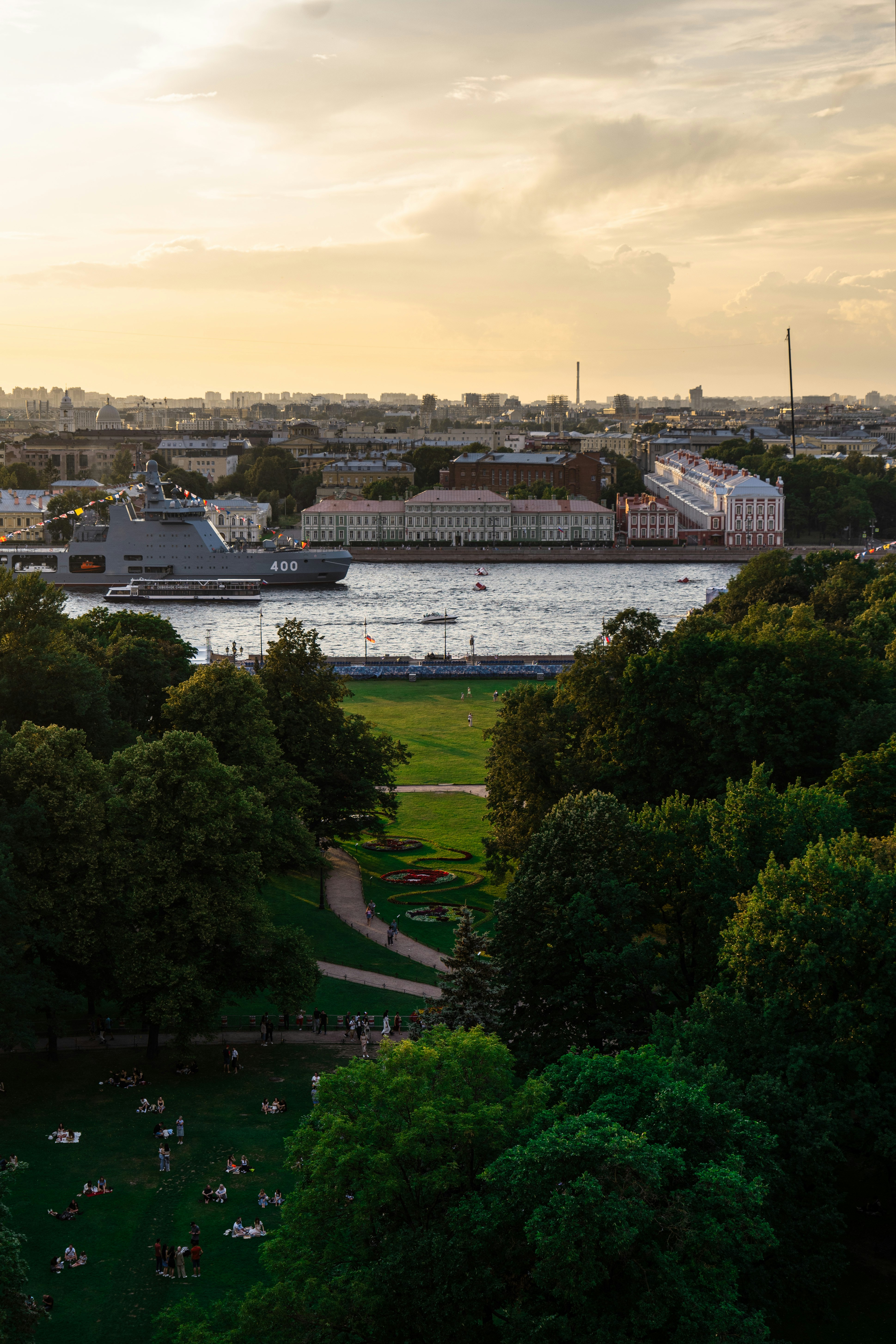 An aerial view of a city with a river running through it