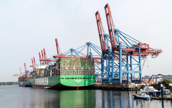 A large cargo ship docked at a dock