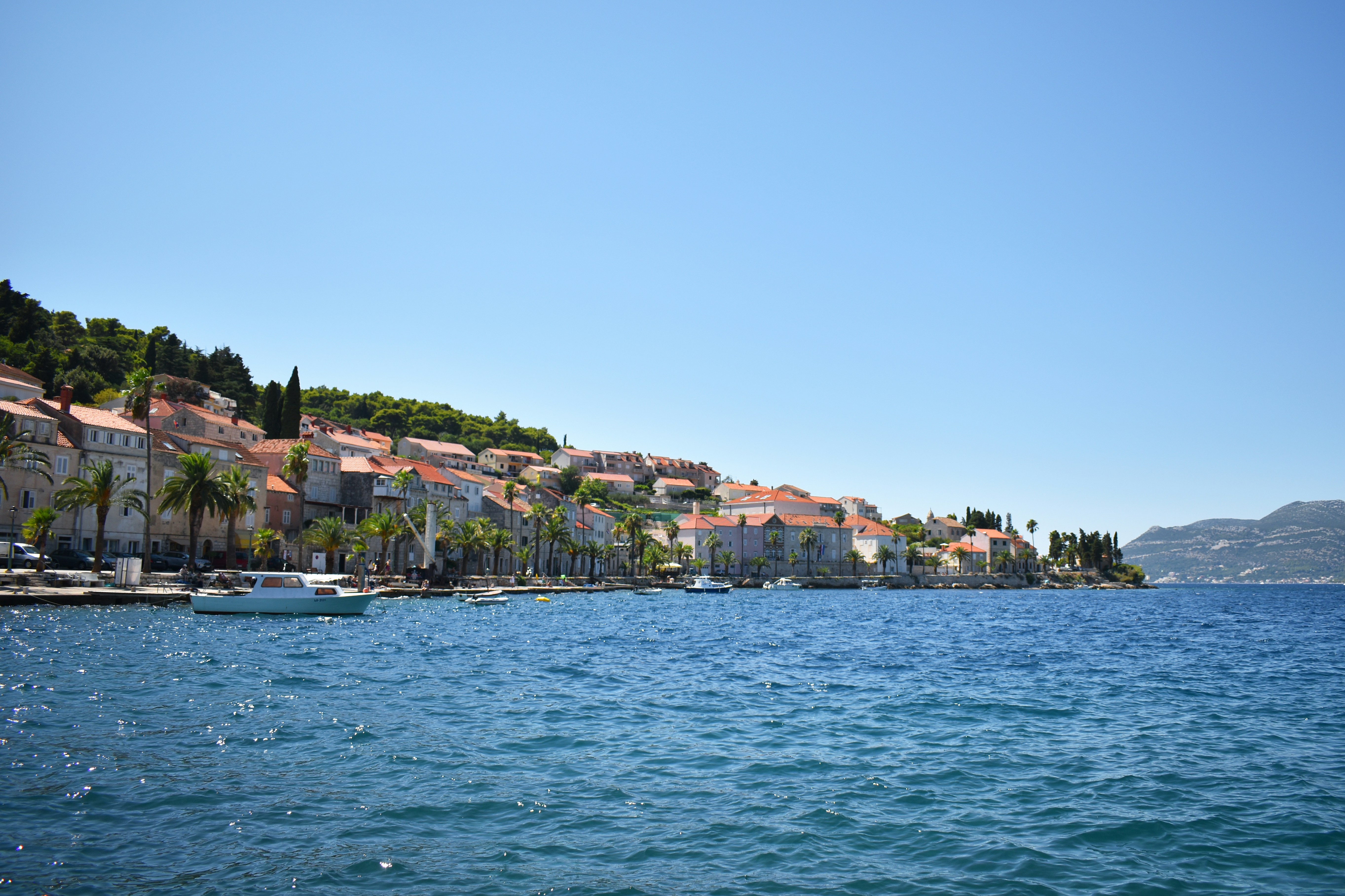 A body of water with houses on a hill in the background