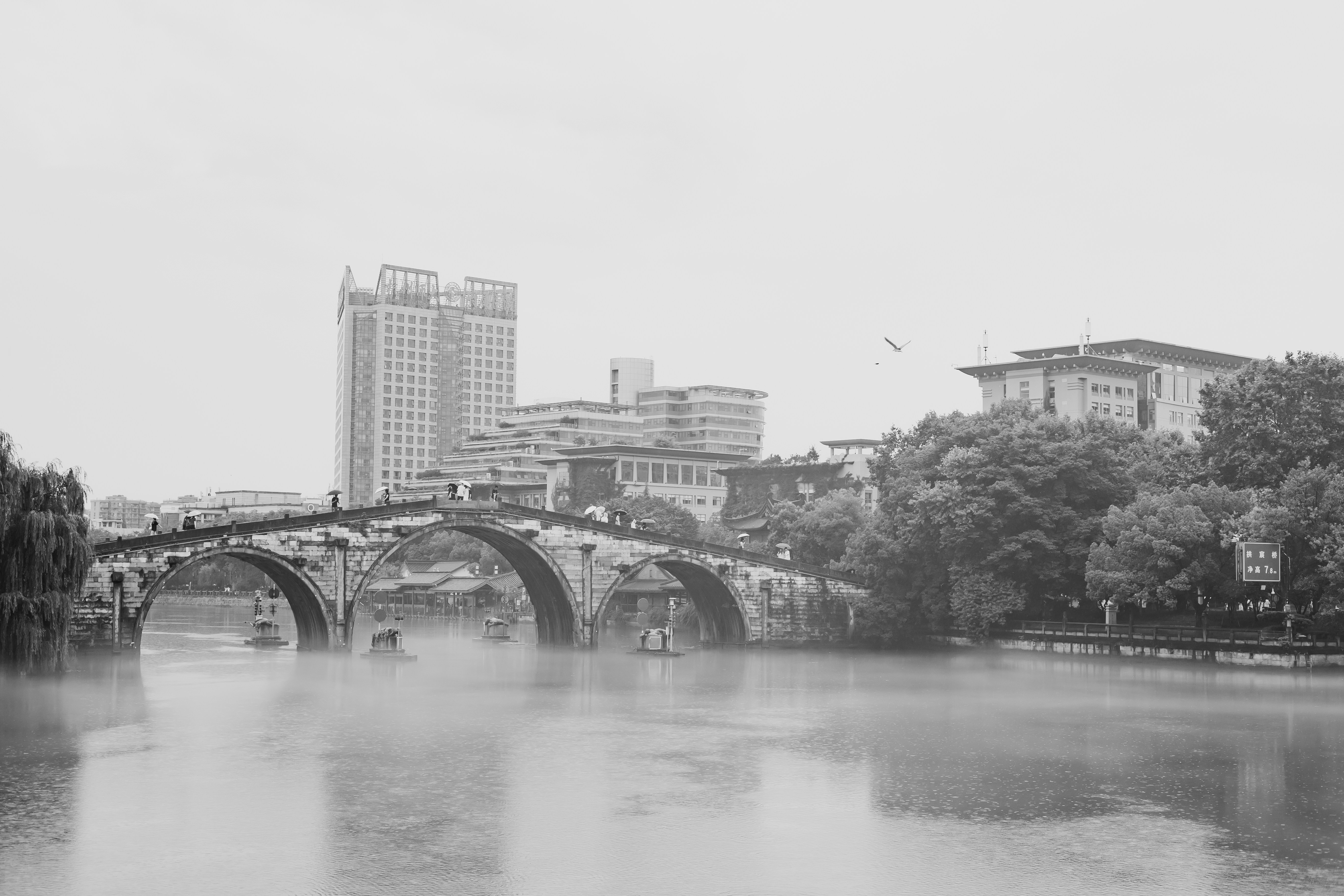 A black and white photo of a bridge over a river