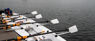 A row of rowing boats sitting on top of a lake