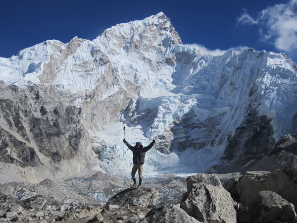 Trekkers at Everest Base Camp Nepal on a Bhutan and Nepal combined Himalayan adventure