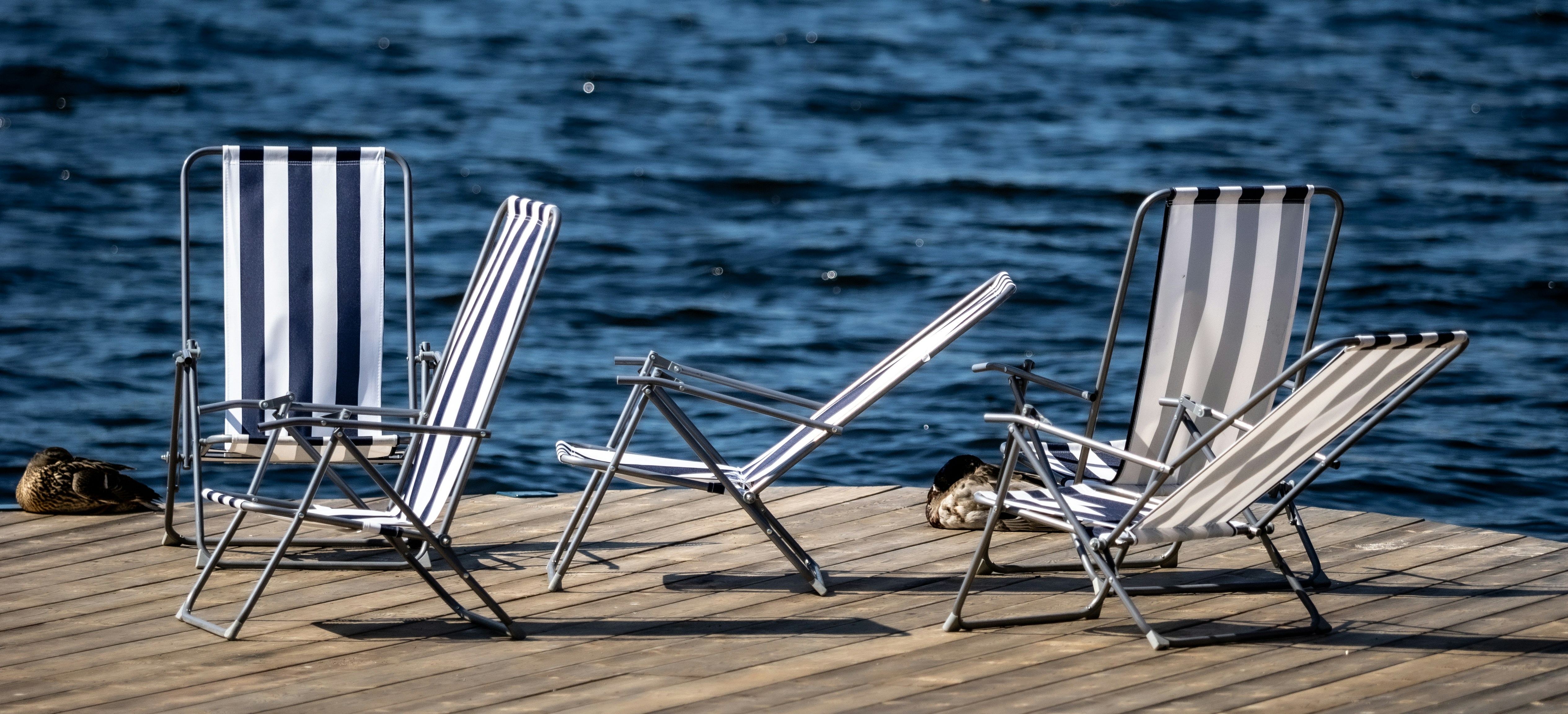 Um par de cadeiras de jardim sentadas em cima de um cais de madeira