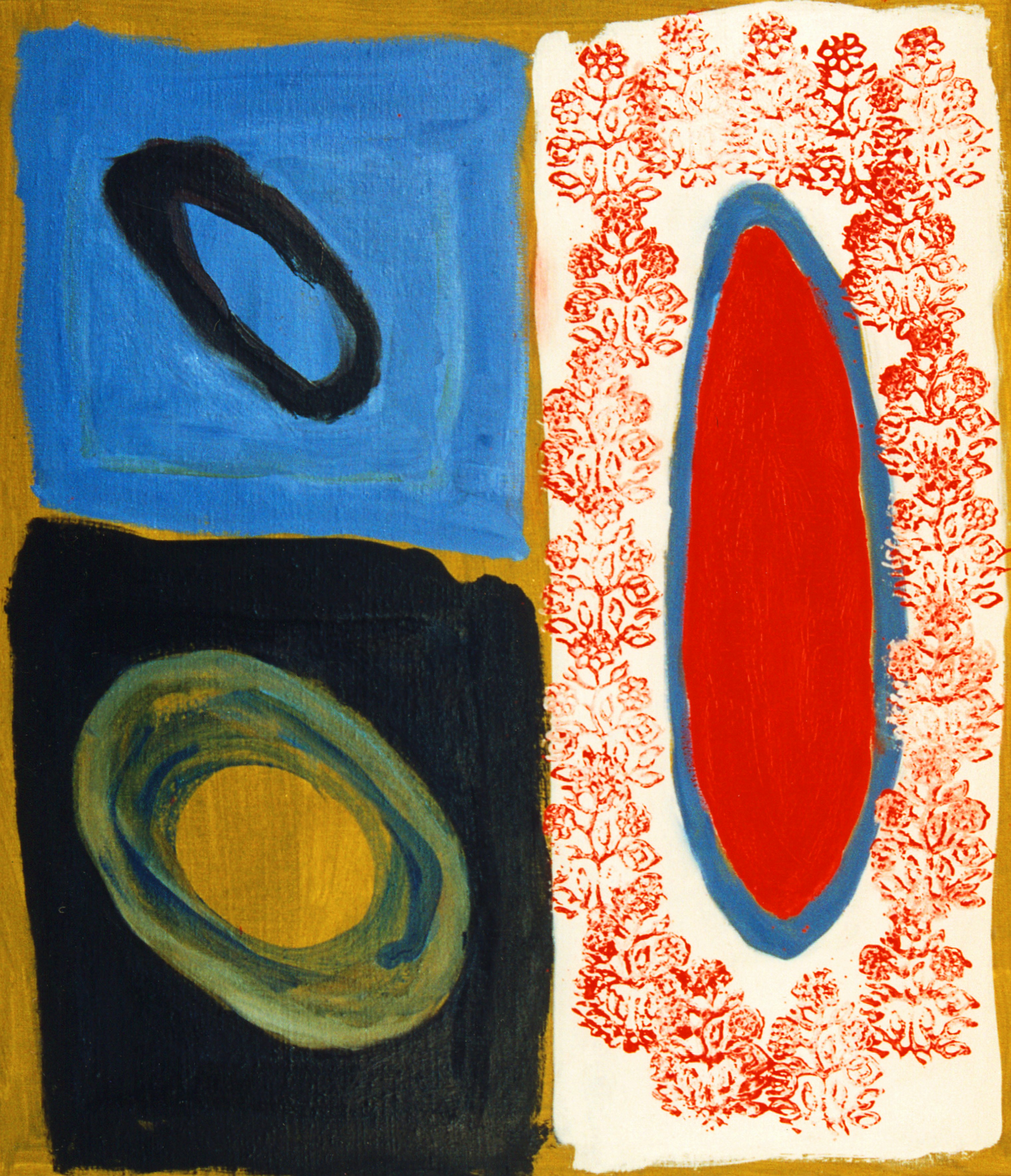 A painting of a red, blue, and black oval