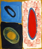 A painting of a red, blue, and black oval