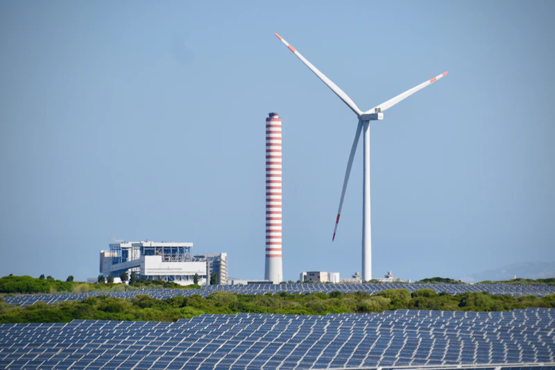 Solar panel farm under a clear sky